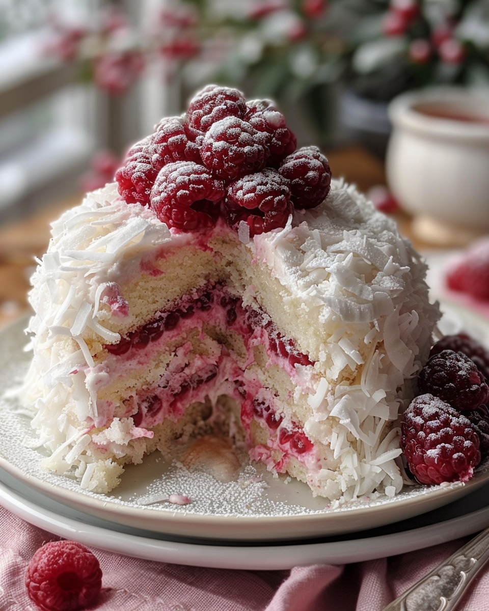 Raspberry Swirl Coconut Snowball Cake