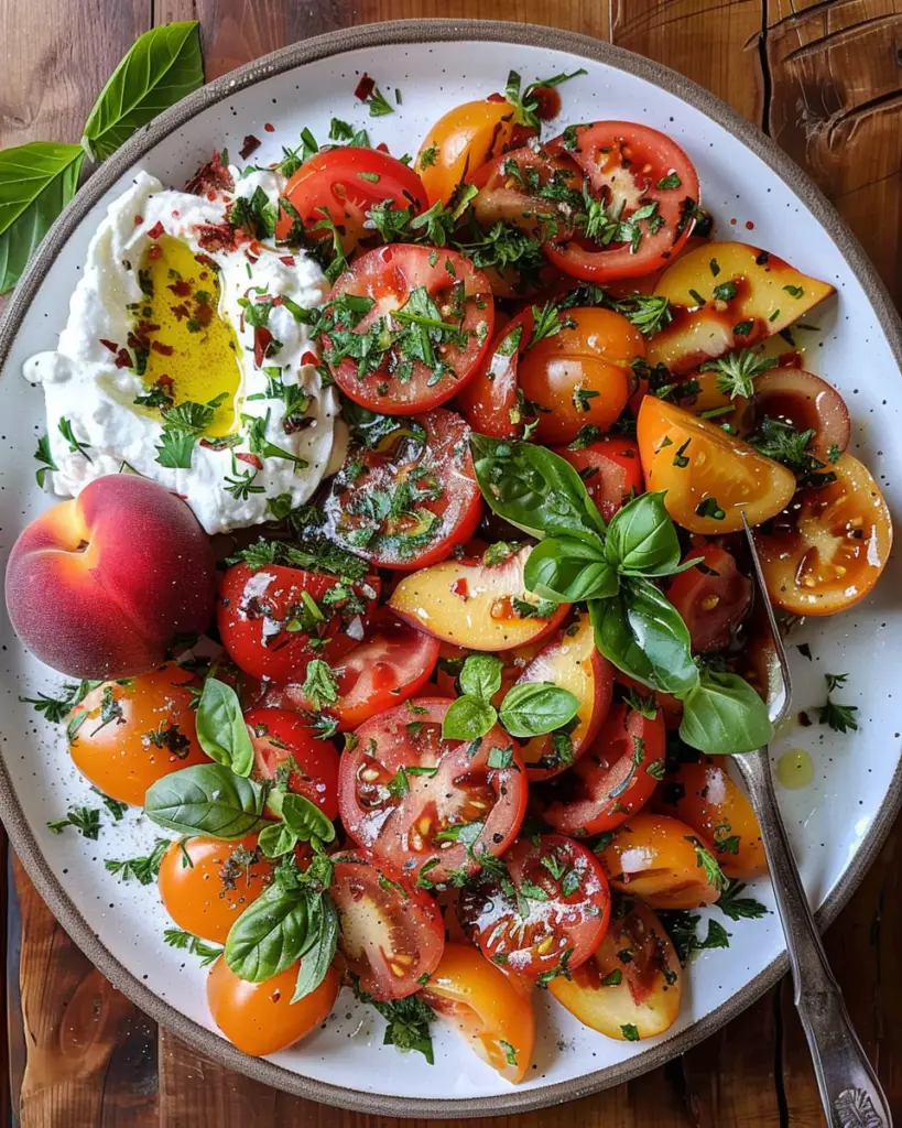 Tomato, peach, and burrata salad